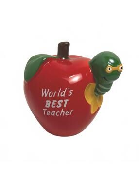 World's Best Teacher Ceramic Apple Pencil Holder with Worm Desk Organizer
